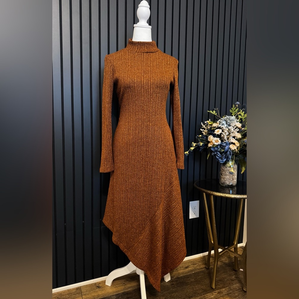 Copper Shimmer Asymmetrical Midi Dress M